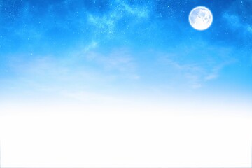Full moon is hovering on flat night sky with stars fading into white gradient, copy space