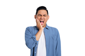 Dental problems. Unhealthy young Asian man in casual shirt pressing sore cheek, suffering acute toothache isolated on transparent background