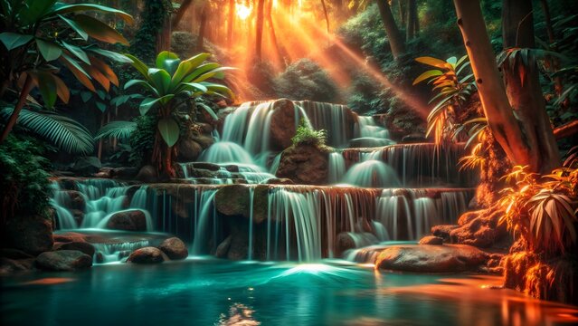 Sunlight streams through a lush green forest illuminating a stunning tiered waterfall cascading into a turquoise pool