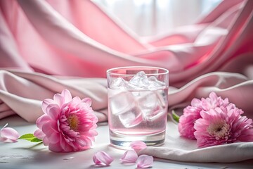 A glass of ice water sits on a white table, surrounded by delicate pink dahlia flowers and soft pink silk fabric, creating a serene and elegant atmosphere