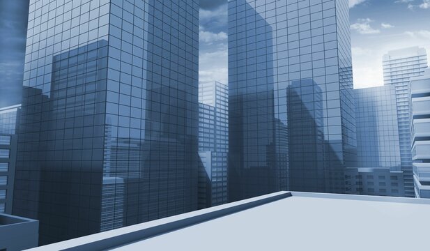 Flat design reflective glass skyscrapers standing beyond rooftop parapet wall in downtown