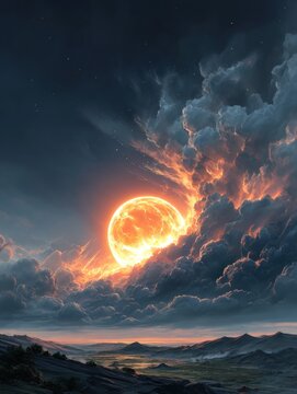 Fiery moon behind dark clouds