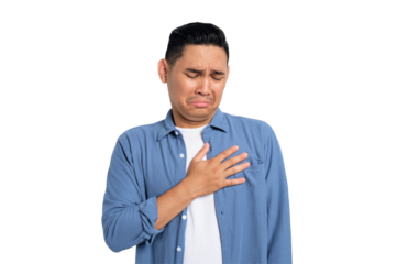 Health problem. Unhealthy young Asian man in casual shirt suffering from chest pain with painful expression isolated on transparent background