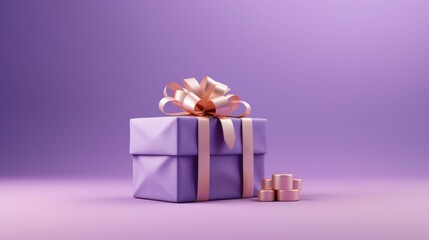 Purple gift box with pink bow ribbon on the  purple background