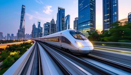 Urban China cityscape at dusk with a speeding train blurring through traffic and city lights