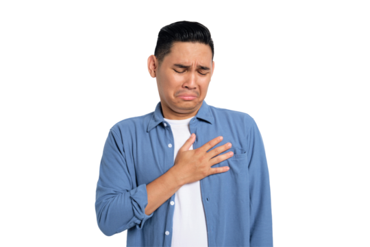 Health problem. Unhealthy young Asian man in casual shirt suffering from chest pain with painful expression isolated on transparent background