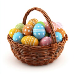 Easter basket with colorful eggs on a white background 
