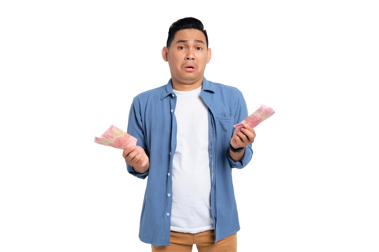 Surprised young Asian man in casual shirt holding money and looking at camera with confused expression isolated on transparent background