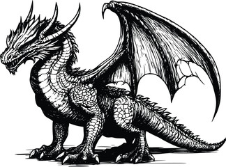 Obraz premium Powerful Vector Dragon Illustration: Intricate Line Art- Fierce Pose