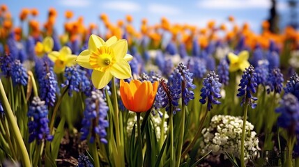 Spring flowers on green lawn, flooded with bright sunlight, blurred background