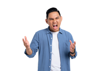 Annoyed young Asian man in casual shirt raising his hands with angry expression isolated on transparent background