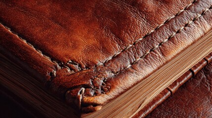 Close-up view of aged leather book binding.