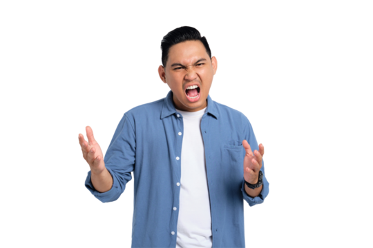 Annoyed young Asian man in casual shirt raising his hands with angry expression isolated on transparent background