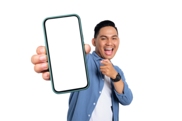 Excited young Asian man in casual shirt showing smartphone with blank screen isolated on transparent background