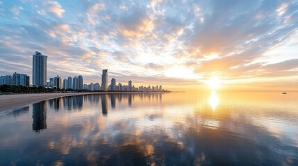 Fototapeta premium Golden skyline reflects across calm water, showcasing serene sunset over city