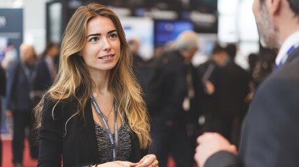 Two people conversing at a business conference.