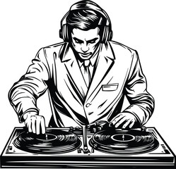 Stylish vector illustration:  Sophisticated DJ mixing records in suit.