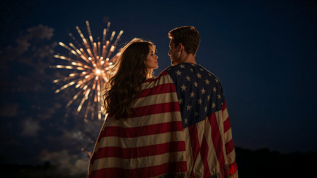 american flag and man at night
