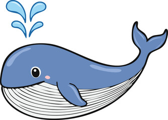 A cheerful cartoon whale spouts water, showcasing its playful nature and underwater habitat.