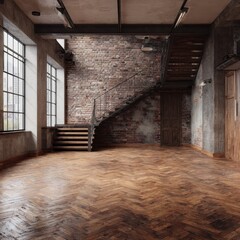 Spacious loft interior with exposed brick wall, hardwood floors, and a metal staircase.  Large windows provide ample natural light