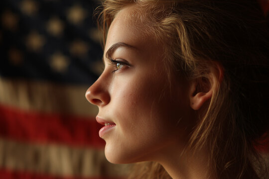 A close-up photograph of an attractive, sandy-haired young woman in profile with a prominent American Flag background