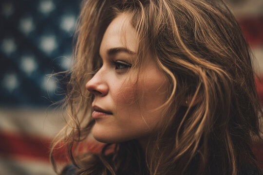 A close-up photograph of an attractive, sandy-haired young woman in profile with a prominent American Flag background