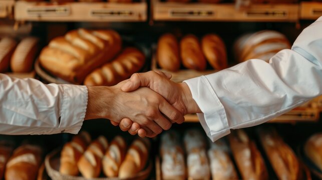 Business Handshake in Bakery with Fresh Bread Background, Symbolizing Partnership and Agreement