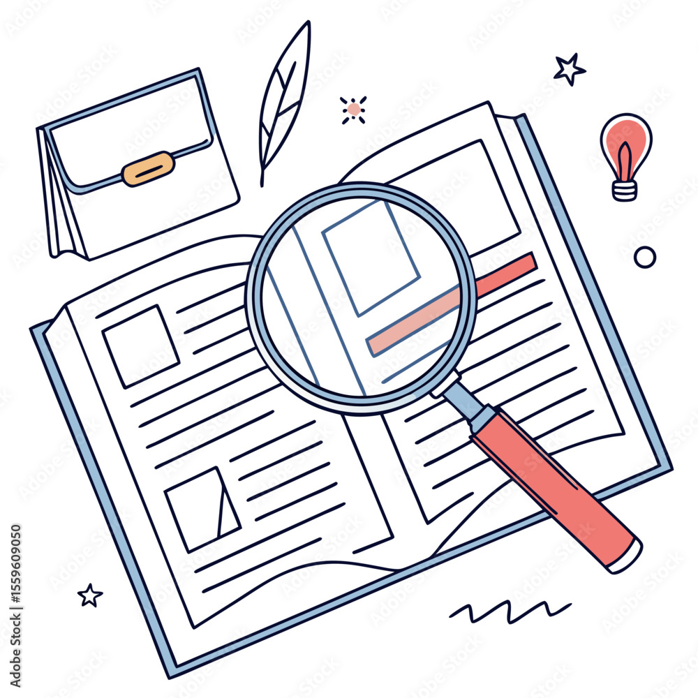 Poster close up view of an open book with a magnifying glass examining the text and images surrounded by de