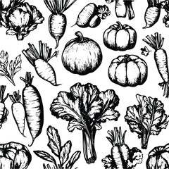 Hand-drawn vector autumn harvest: pumpkins- carrots- and greens illustration