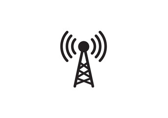 A minimalist black and white illustration of a communication tower emitting radio waves on a white background