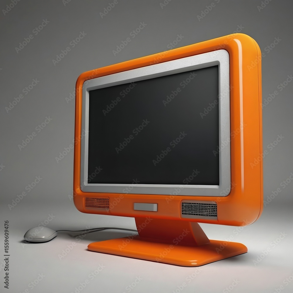 Poster retro orange computer with mouse on a white surface against a gray background in studio lighting