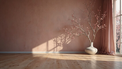 Pink Room Minimalist Plant Decor Serene minimalist scene featuring a blooming tree in a white pot against a pale pink wal.