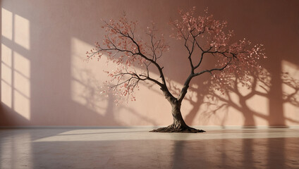 Pink Room Minimalist Plant Decor Serene minimalist scene featuring a blooming tree in a white pot against a pale pink wal.