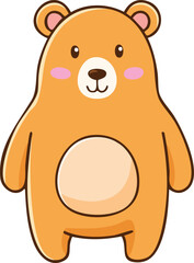 A cartoon-style illustration of a cute, standing brown bear with pink cheeks and a light-colored belly.