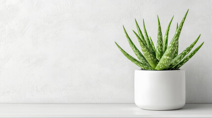 Aloe plant in white pot on minimalist shelf against textured wall, creating serene atmosphere