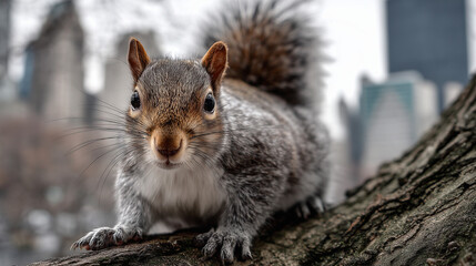 Obraz premium Close up of an Eastern Gray Squirrel perched on a tree, showing detailed fur texture and natural pose in wildlife habitat, perfect for nature and animal photography themes.