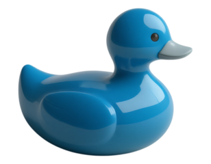 A glossy blue rubber duck toy with a transparent background