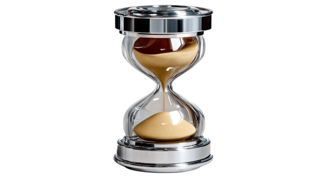 Time Passing: A close-up shot of an hourglass, showcasing the slow and steady flow of sand as time elapses. The metallic frame adds a touch of elegance to this classic symbol of time's passage.