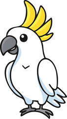 A charming cartoon illustration of a Sulphur-crested Cockatoo, standing, facing left.