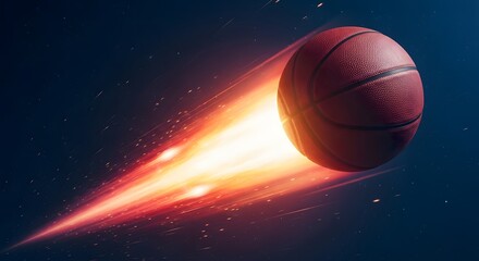 Obraz premium Cosmic Basketball A Fiery Trail Across the Universe, A Stunning Visual of a Basketball Soaring Through Space with a Glowing Trail