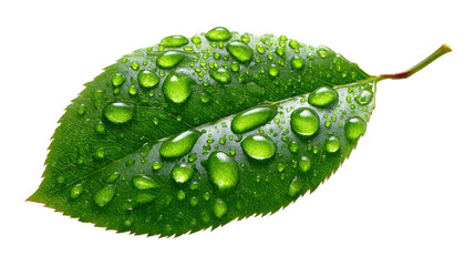 Emerald Droplets Embrace: A vibrant green leaf, glistening with crystal-clear droplets, captures the delicate beauty of nature, offering a refreshing and serene perspective.