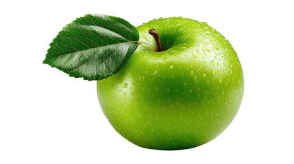 Crisp Green Apple: A vibrant green apple, adorned with a single, fresh green leaf, invites with its crispness and natural appeal, capturing the essence of freshness.