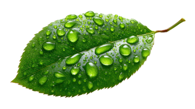 Emerald Droplets Embrace: A vibrant green leaf, glistening with crystal-clear droplets, captures the delicate beauty of nature, offering a refreshing and serene perspective.