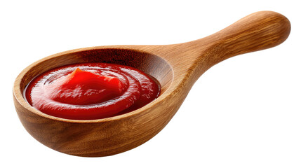 Ketchup in Wooden Spoon: A vibrant close-up shot of rich red ketchup, artfully nestled in a beautifully crafted wooden spoon, creating a delicious and tempting image for culinary enthusiasts.