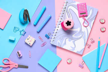 Different stationery on color background
