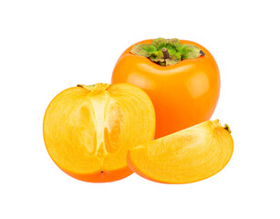 Fresh Persimmon Fruit Arrangement Whole Half and Slice Displayed.