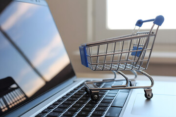 Online Shopping Concept. Shopping Cart with Laptop on Desk.
