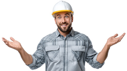 Construction Worker with Open Arms: A smiling construction worker, adorned with a hard hat, stands with open arms, exuding approachability. Expressing readiness and embracing possibilities.