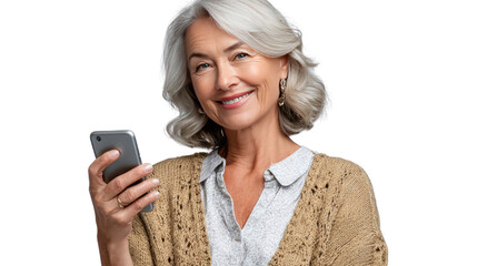 The Modern Communicator: A graceful elderly woman radiates serenity, using her cell phone to connect. Smiling and capturing her sophisticated style.