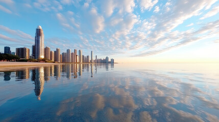 Obraz premium Stunning skyline reflects on calm water, showcasing modern architecture and serene atmosphere